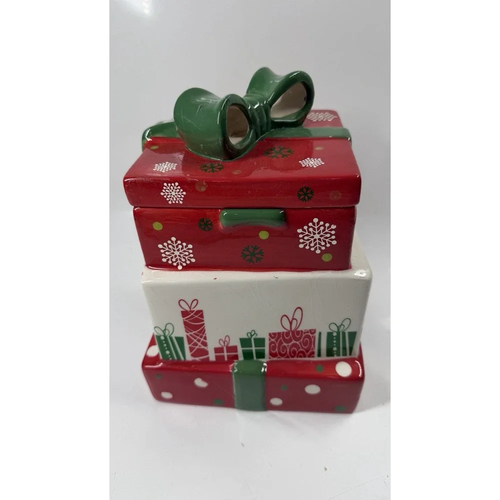 Vintage Ceramic Stacked Christmas Presents Shaped Cookie Jar 10